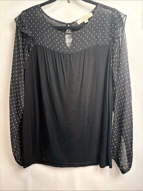 LOFT Black Polka Dot Mesh Sleeve Blouse